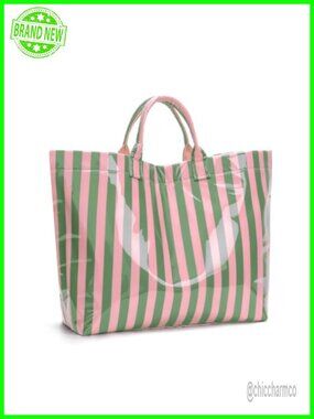 PVC Tote Bag Glossy Striped Top Handle Waterproof Handbag 13in Laptop